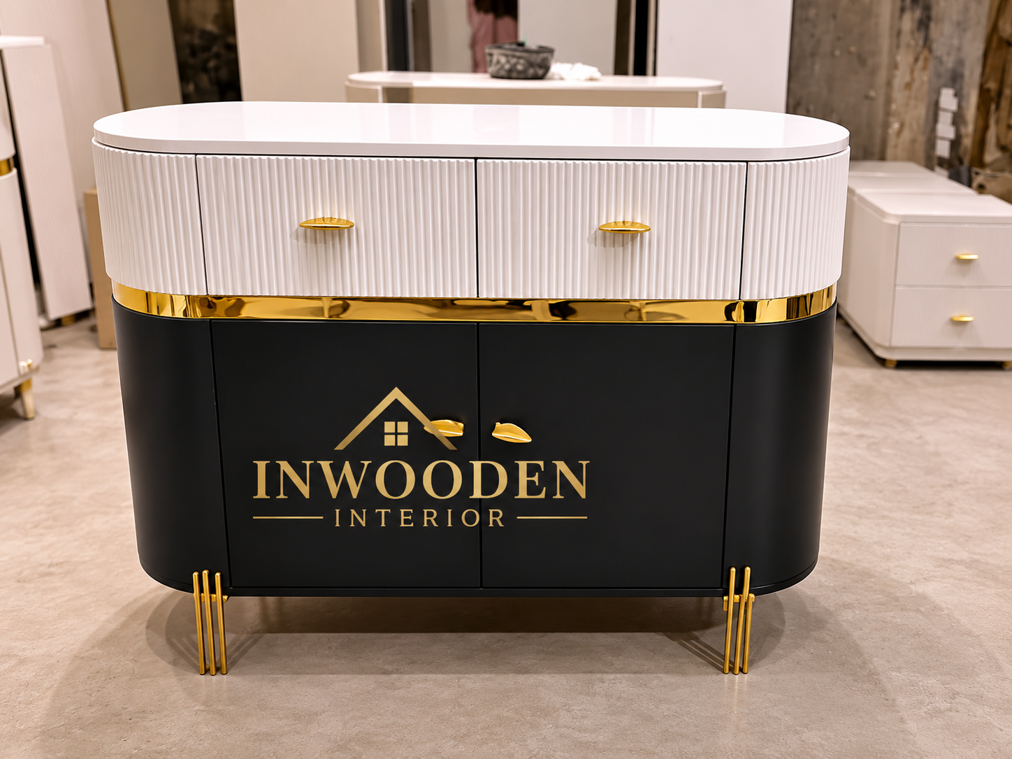 Luxury Black & White Fluted Sideboard Cabinet