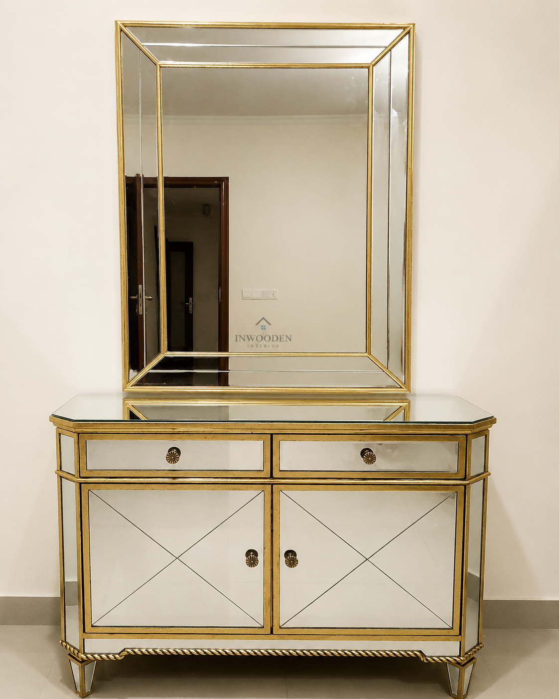 Luxury Mirrored Console Cabinet with Wall Mirror